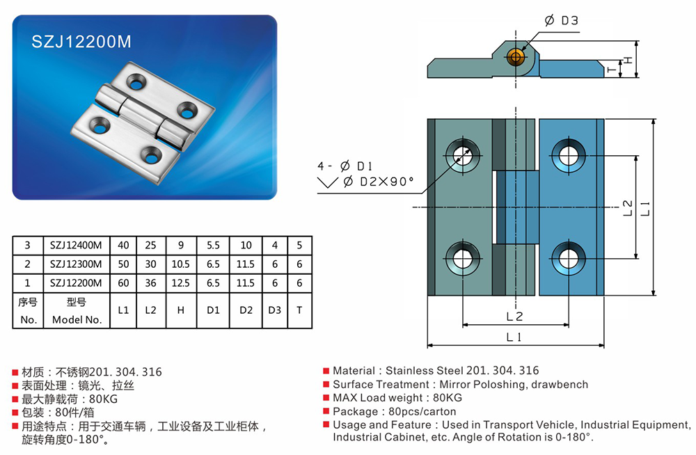 SZJ12200M/SZJ12300M/SZJ12400M 工業(yè)設(shè)備門常規(guī)四方形304不銹鋼精鑄合頁(yè)鉸鏈